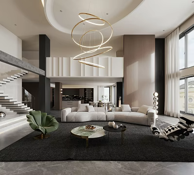 Modern Living and Dining Room With Spiral Chandelier White Sofa Green Armchair Round Coffee Table 3d model