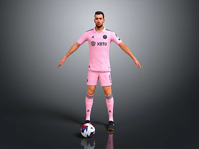 A Man In Pink Sports Uniform Standing With Soccer Ball On Gray Background 3d model