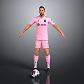 A Man In Pink Sports Uniform Standing With Soccer Ball On Gray Background