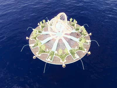 Floating Circular Garden Ornament with Spiral White Sculpture Green Plants and White Paths on Ocean 3d model