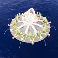 Floating Circular Garden Ornament with Spiral White Sculpture Green Plants and White Paths on Ocean