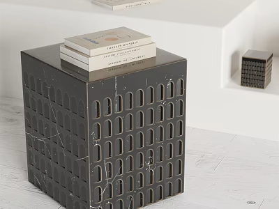 Modern Black Marble Side Table With Perforated Design And Stacked Books On Top 3d model