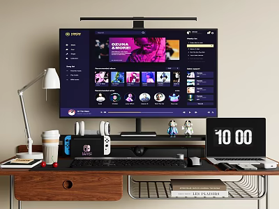 Modern Gaming Desktop Setup With Monitor Laptop Switch Animal Crossing Desk Lamp And Coffee Cup 3d model