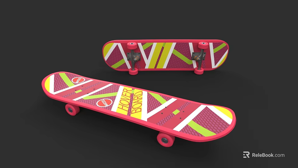Pink Skateboard With Colorful Geometric Patterns Yellow Green White Design And Pink Wheels 3d model 