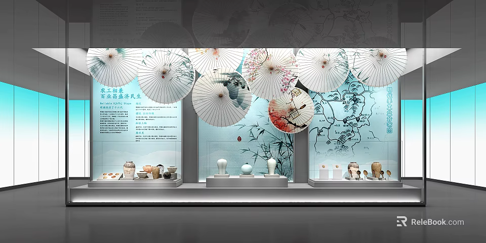 Cultural Center Interior Display With Traditional Umbrellas Ceramic Exhibits And Bamboo Decorations 3d model 