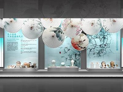 Cultural Center Interior Display With Traditional Umbrellas Ceramic Exhibits And Bamboo Decorations 3d model