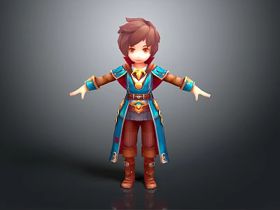 Cartoon Style Game Movie Character With Brown Hair Blue Coat Red Cape And Arms Outstretched 3d model