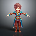 Cartoon Style Game Movie Character With Brown Hair Blue Coat Red Cape And Arms Outstretched