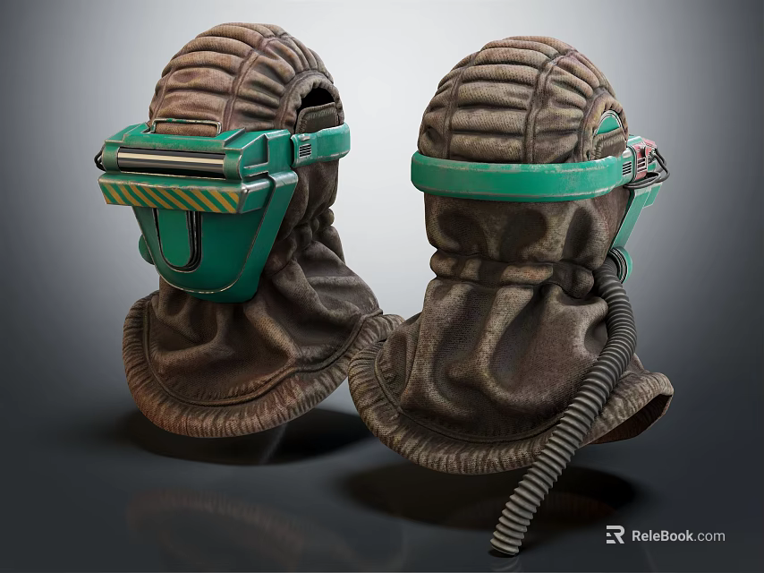 Protective Gas Masks Featuring Green Visor And Brown Fabric Hood With Hose 3d model 