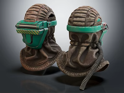 Protective Gas Masks Featuring Green Visor And Brown Fabric Hood With Hose 3d model