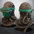 Protective Gas Masks Featuring Green Visor And Brown Fabric Hood With Hose