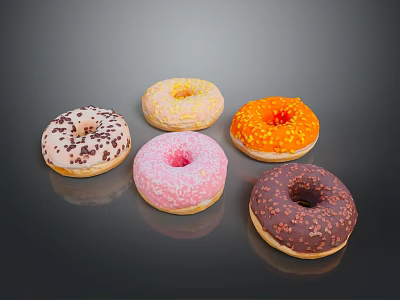 Colorful Donuts With Various Frosting And Sprinkles On Black Sleek Surface 3d model