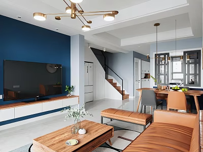 Modern Living Dining Room Interior With Blue Wall Brown Leather Sofa And Wooden Furniture 3d model