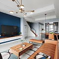 Modern Living Dining Room Interior With Blue Wall Brown Leather Sofa And Wooden Furniture