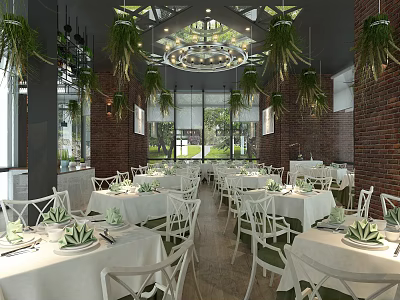 Elegant Restaurant Interior With White Tables Green Plant Decor Hanging Plants And Brick Walls 3d model