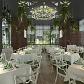 Elegant Restaurant Interior With White Tables Green Plant Decor Hanging Plants And Brick Walls