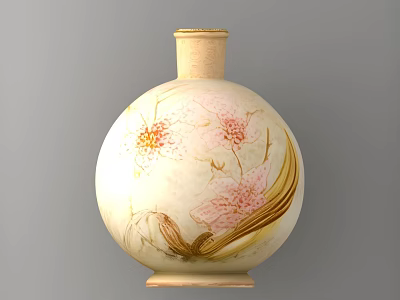 Cream Colored Round Vase With Pink Flowers And Golden Leaf Patterns 3d model