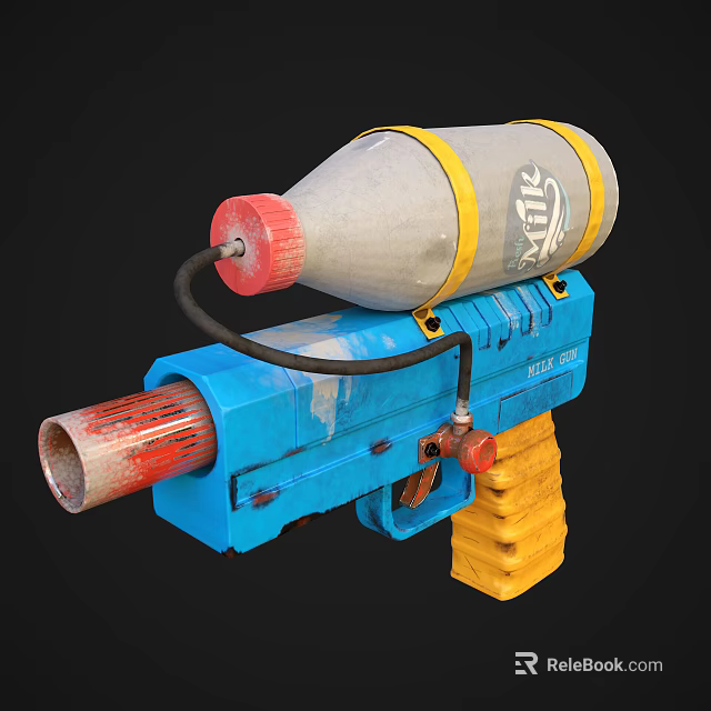 Blue Handmade Toy Gun With Gray Bottle Yellow Straps Black Tube And Red Parts 3d model 