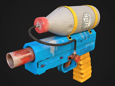 Blue Handmade Toy Gun With Gray Bottle Yellow Straps Black Tube And Red Parts 3d model