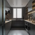 Modern Gray Kitchen Interior With Cabinetry Blinds And Stainless Steel Appliances