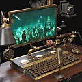 Retro Industrial Office Desk With Leather Chair Monitor Lamp Horn And Keyboard