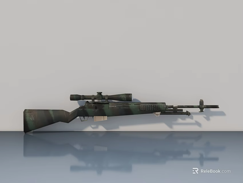 Camouflage Pattern Rifle With Scope On Gray Background Showing Reflection 3d model