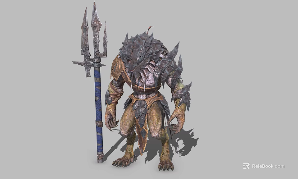 Mythical Creature Warrior Character With Spiked Armor Trident And Scaled Skin In Battle Pose 3d model 