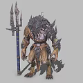 Mythical Creature Warrior Character With Spiked Armor Trident And Scaled Skin In Battle Pose