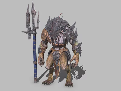 Mythical Creature Warrior Character With Spiked Armor Trident And Scaled Skin In Battle Pose 3d model