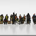 Multiple Workers in Colorful Safety Uniforms with Protective Gear and Equipment