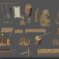 Ancient Weapon Collection Featuring Bow Arrows Spear Swords Stone Decor And Wooden Racks