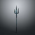 Mythical Trident Weapon With Black Long Handle Three Prongs And Blue Glowing Accents