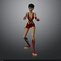 3D Character Model Wearing Red Costume With Golden Accents Barefoot In Standing Pose