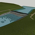 Garden Landscape With Clear Water Stone Bank Green Grass And Stone Path