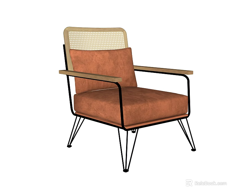 Modern Brown Accent Chair With Rattan Backrest Wooden Armrests And Metal Legs 3d model 
