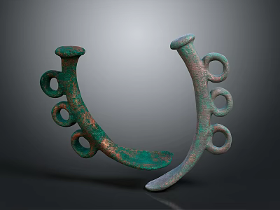 Ancient Bronze Sculptures With Curved Shape And Ring Decorations Featuring Green Patina Design 3d model