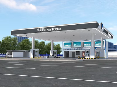 Modern Xiao Haitun Gas Station With Fuel Dispensers Canopy And Green Trees 3d model
