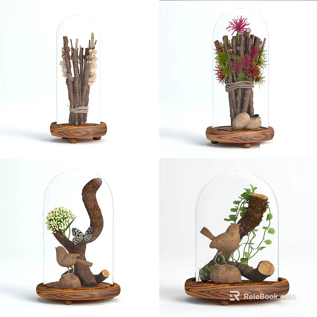 Decorative Ornament Sets With Glass Cloches Wooden Bases Bird Decor Twigs Stones And Plants 3d model 