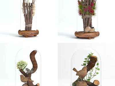Decorative Ornament Sets With Glass Cloches Wooden Bases Bird Decor Twigs Stones And Plants 3d model