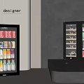Designer Modern Black Glass Door Beverage Display Refrigerators With Assorted Drinks Cans And Bottles