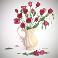 White Textured Vase With Fresh Pink Roses And Green Leaves On Neutral Background