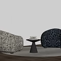 Light and Dark Patterned Single Sofas with Wooden Floor Round Table and White Blinds 3d model