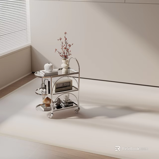Modern Three Tiered Metal Side Table On Wheels With Vase Tea Set And Books 3d model 