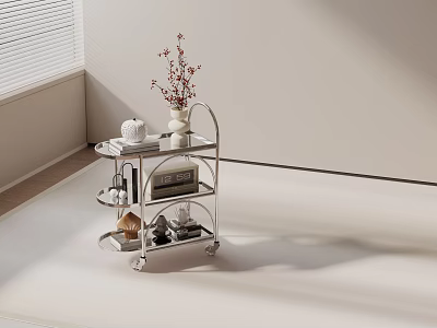 Modern Three Tiered Metal Side Table On Wheels With Vase Tea Set And Books 3d model
