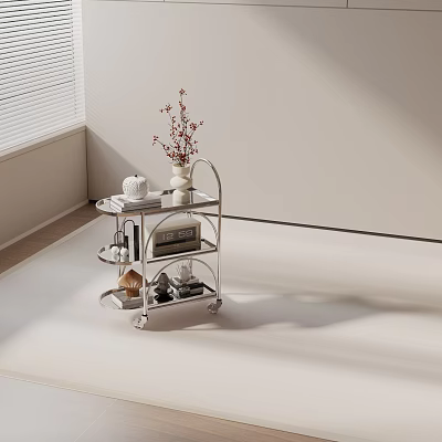 Modern Three Tiered Metal Side Table On Wheels With Vase Tea Set And Books 3d model