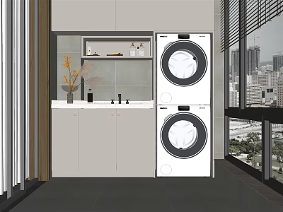 Modern Bathroom Cabinet With Countertop Faucet Stacked Washer Dryer And City View Window 3d model