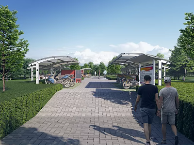 Outdoor Canopy Covered Bicycle Parking With Green Trees Lawn Brick Path And People Walking 3d model