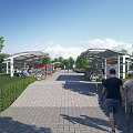 Outdoor Canopy Covered Bicycle Parking With Green Trees Lawn Brick Path And People Walking