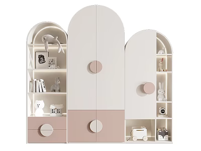 Decorative Cabinet with Arched Design White Pink Circular Accents Open Shelves Drawers and Decor Items 3d model