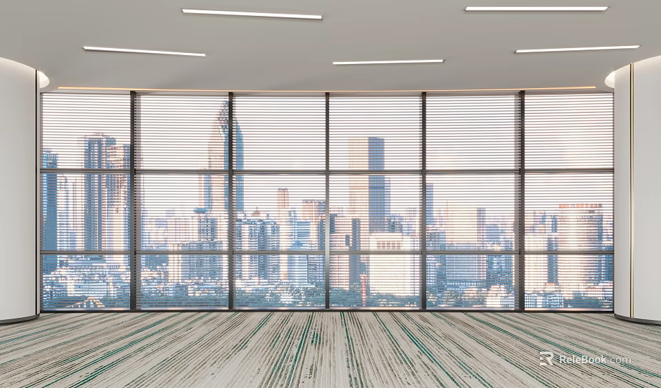 Interior View Of Floor To Ceiling Windows With City Skyline And Patterned Carpet Floor 3d model 